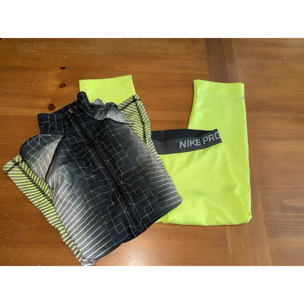 Nike Pro Half Zip Jacket Leggings Set S Colorful Yellow Blk Athletic Running